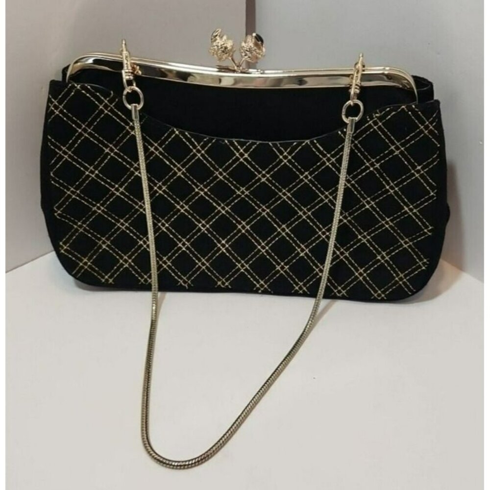Elaine Turner Black & Gold Velvet Clutch Purse with Kiss Lock Closure EUC
